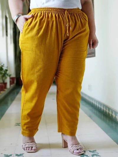 Plus size Women Yellow Cotton Trouser Pant - BONYHUBSALWAR