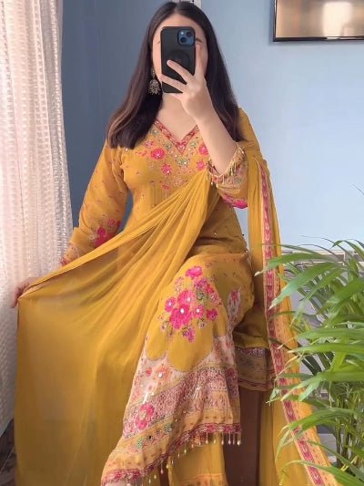 Plus Size Yellow Chinon Mirror Work Salwar Suit - BONYHUBSALWAR KAMEEZ