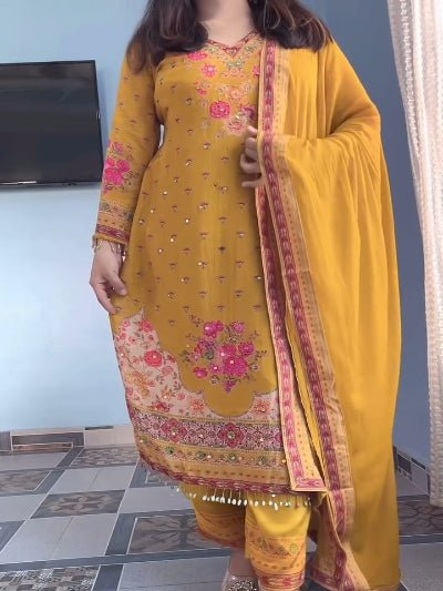 Plus Size Yellow Chinon Mirror Work Salwar Suit - BONYHUBSALWAR KAMEEZ