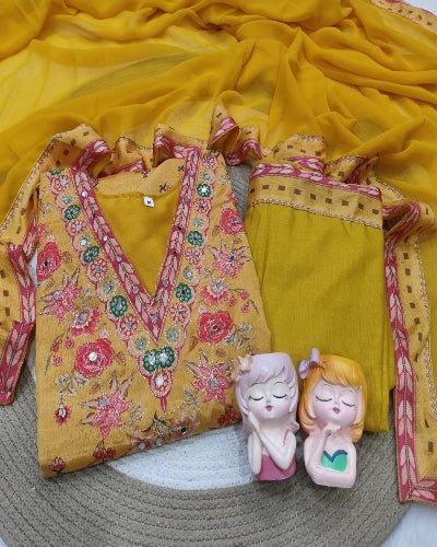 Plus Size Yellow Chinon Mirror Work Salwar Suit - BONYHUBSALWAR KAMEEZ