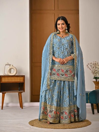 Powder Blue Chinon Silk Embroidery Work Sharara Suit Set - BONYHUBSALWAR KAMEEZ