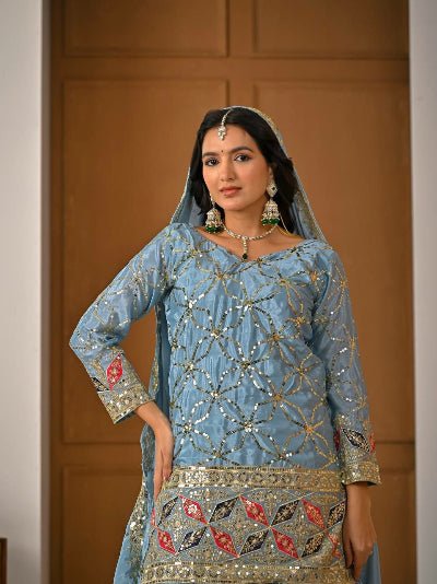 Powder Blue Chinon Silk Embroidery Work Sharara Suit Set - BONYHUBSALWAR KAMEEZ
