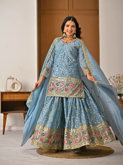Powder Blue Chinon Silk Embroidery Work Sharara Suit Set - BONYHUBSALWAR KAMEEZ