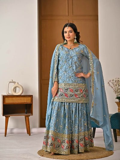 Powder Blue Chinon Silk Embroidery Work Sharara Suit Set - BONYHUBSALWAR KAMEEZ