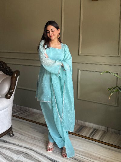 Powder Blue Crunchy Silk Farshi Suit Set UK Next Day - BONYHUBSALWAR KAMEEZ
