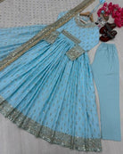 Powder Blue Designer Chinon Silk Embroidered Anarkali Suit - BONYHUBSALWAR KAMEEZ