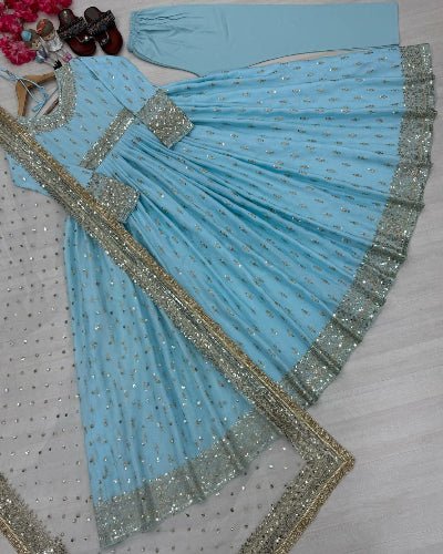 Powder Blue Designer Chinon Silk Embroidered Anarkali Suit - BONYHUBSALWAR KAMEEZ