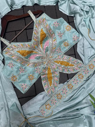 Powder Blue Designer Pre-Draped Saree with Sequence Blouse - BONYHUBSAREE