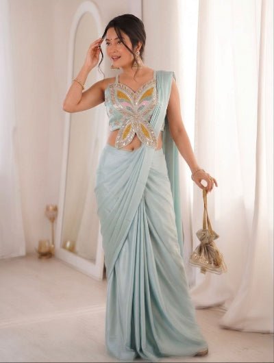 Powder Blue Designer Pre-Draped Saree with Sequence Blouse - BONYHUBSAREE