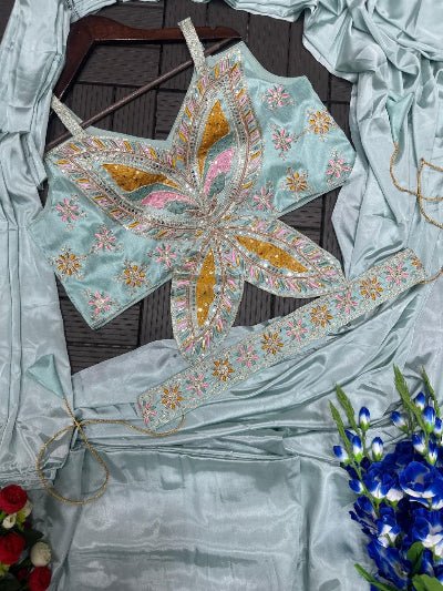 Powder Blue Designer Pre-Draped Saree with Sequence Blouse - BONYHUBSAREE