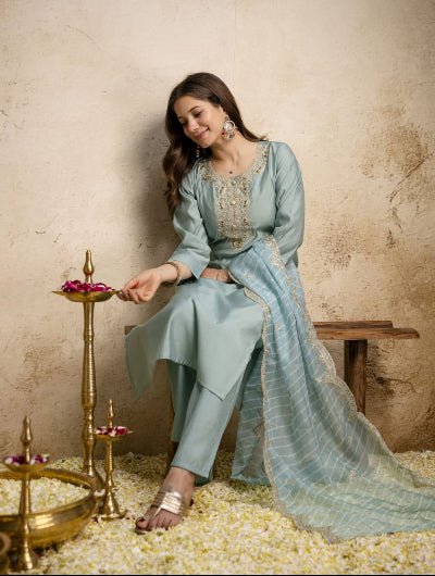 Powder Blue Embroidered Chanderi Suit for Women | Asian Ethnic Wear UK - BONYHUBSALWAR KAMEEZ