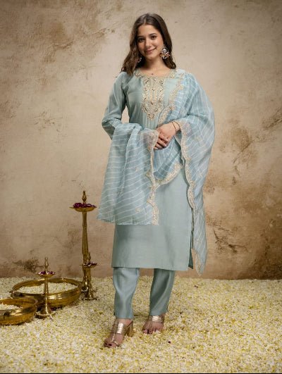 Powder Blue Embroidered Chanderi Suit for Women | Asian Ethnic Wear UK - BONYHUBSALWAR KAMEEZ