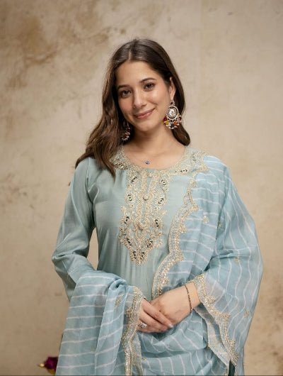 Powder Blue Embroidered Chanderi Suit for Women | Asian Ethnic Wear UK - BONYHUBSALWAR KAMEEZ
