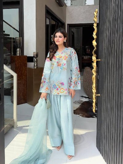 Powder Blue Embroidery Work Farshi Salwar Suit - BONYHUBSALWAR KAMEEZ