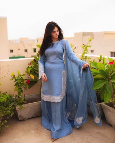Powder Blue Faux Georgette Farshi Suit Set - BONYHUBSALWAR KAMEEZ