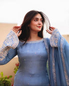 Powder Blue Faux Georgette Farshi Suit Set - BONYHUBSALWAR KAMEEZ