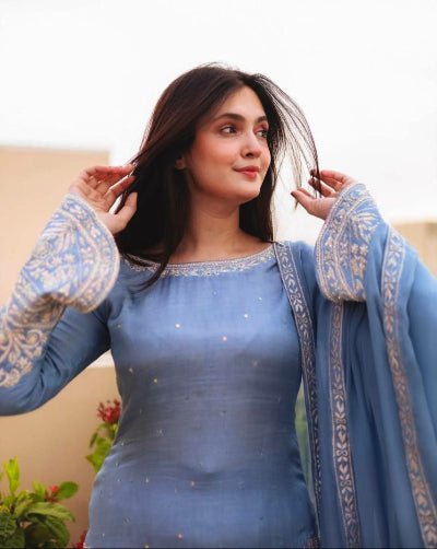 Powder Blue Faux Georgette Farshi Suit Set - BONYHUBSALWAR KAMEEZ