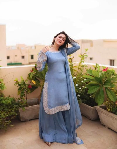 Powder Blue Faux Georgette Farshi Suit Set - BONYHUBSALWAR KAMEEZ