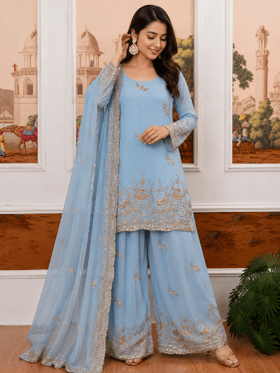 Powder Blue Georgette Gold Sequins Intricate Work Palazzo Suit - BONYHUBSALWAR KAMEEZ