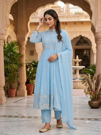 Powder Blue Georgette Sequins Embroidered Modest Anarkali Suit Set - BONYHUBSALWAR KAMEEZ