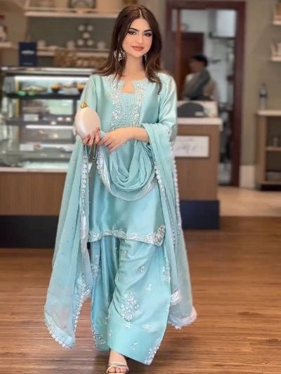 Powder Blue Glass Silk Embroidered Farshi Suit UK Next Day - BONYHUBSALWAR KAMEEZ
