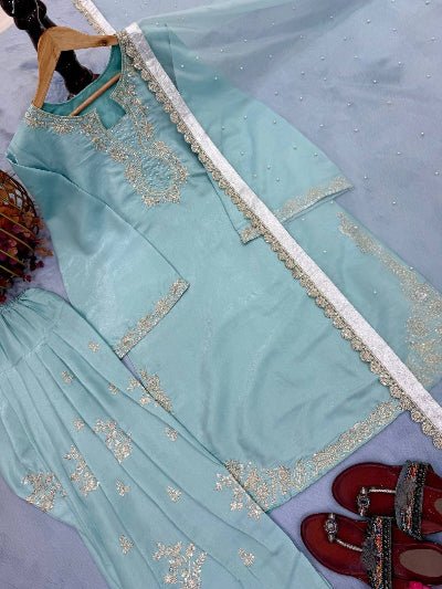 Powder Blue Glass Silk Embroidered Farshi Suit UK Next Day - BONYHUBSALWAR KAMEEZ