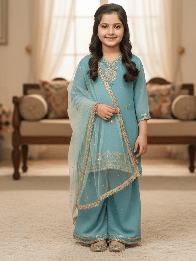 Powder Blue Kids Embroidery Palazzo Suit - BONYHUBClothing