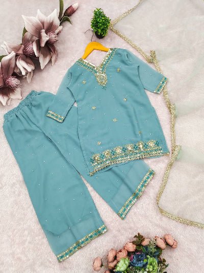 Powder Blue Kids Embroidery Palazzo Suit - BONYHUBClothing