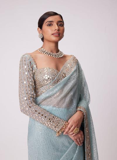 Powder Blue Mirror Work Partywear Saree - BONYHUBSAREE