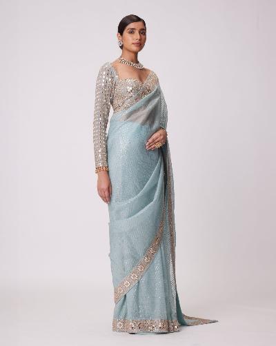 Powder Blue Mirror Work Partywear Saree - BONYHUBSAREE