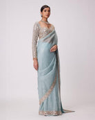 Powder Blue Mirror Work Partywear Saree - BONYHUBSAREE