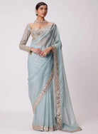 Powder Blue Mirror Work Partywear Saree - BONYHUBSAREE