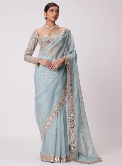 Powder Blue Mirror Work Partywear Saree - BONYHUBSAREE