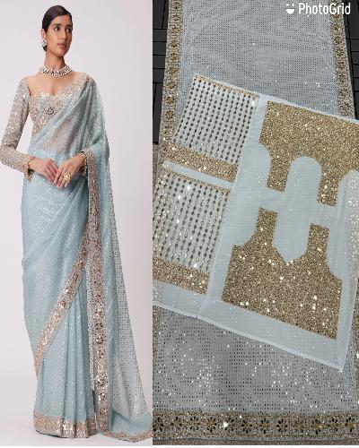 Powder Blue Mirror Work Partywear Saree - BONYHUBSAREE