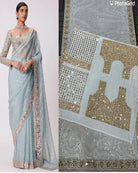 Powder Blue Mirror Work Partywear Saree - BONYHUBSAREE