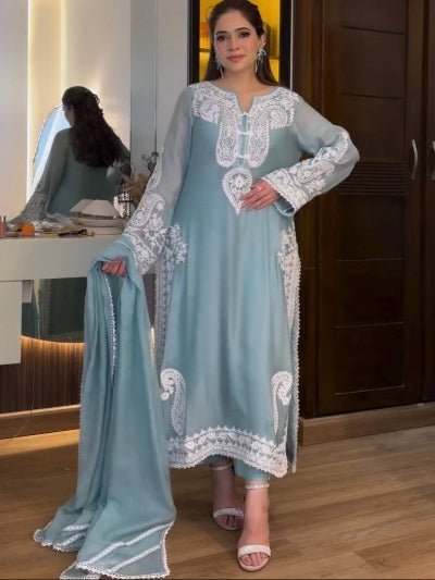 Powder Blue Organza Silk Embroidered Straight Suit - BONYHUBSALWAR KAMEEZ