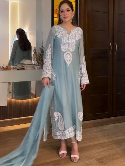 Powder Blue Organza Silk Embroidered Straight Suit - BONYHUBSALWAR KAMEEZ