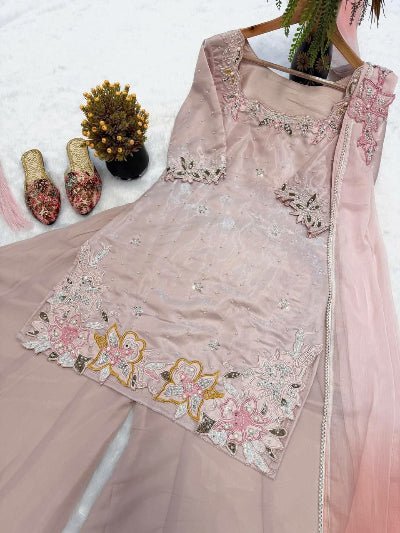 Powder Pink Embroidered Pearl Work Palazzo Suit Set - BONYHUBSALWAR KAMEEZ