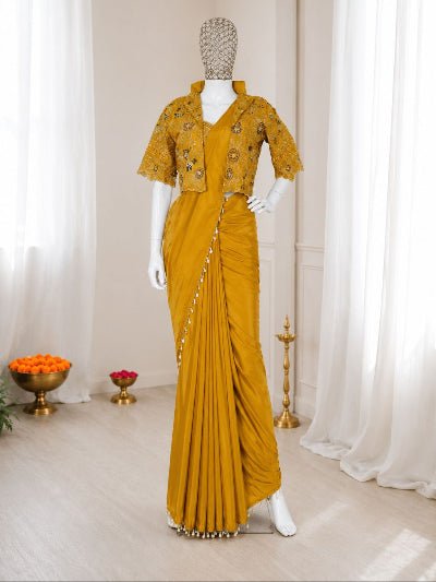 Pre-Draped Saree with Embroidered Jacket &amp; Blouse - BONYHUBSAREE
