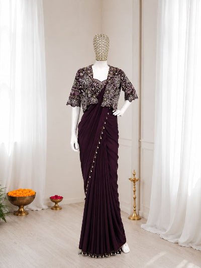 Pre-Draped Saree with Embroidered Jacket &amp; Blouse - BONYHUBSAREE