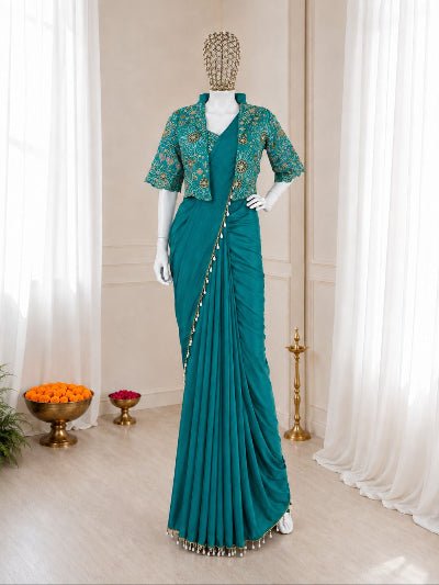 Pre-Draped Saree with Embroidered Jacket &amp; Blouse - BONYHUBSAREE