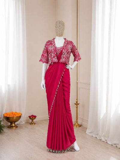 Pre-Draped Saree with Embroidered Jacket &amp; Blouse - BONYHUBSAREE