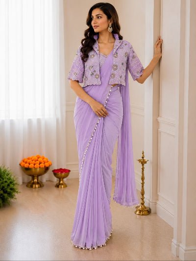 Pre-Draped Saree with Embroidered Jacket & Blouse - BONYHUBSAREE