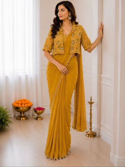 Pre-Draped Saree with Embroidered Jacket &amp; Blouse - BONYHUBSAREE