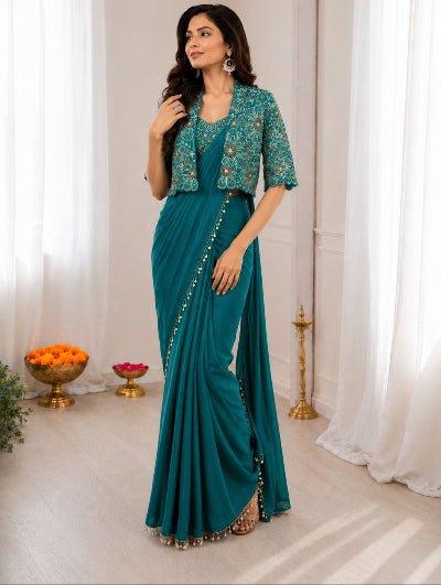 Pre-Draped Saree with Embroidered Jacket & Blouse - BONYHUBSAREE