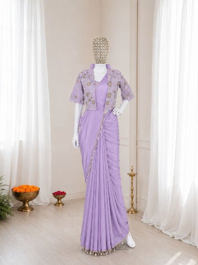 Pre-Draped Saree with Embroidered Jacket &amp; Blouse - BONYHUBSAREE