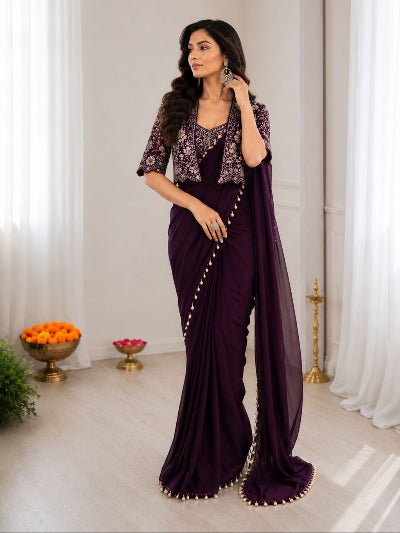 Pre-Draped Saree with Embroidered Jacket &amp; Blouse - BONYHUBSAREE