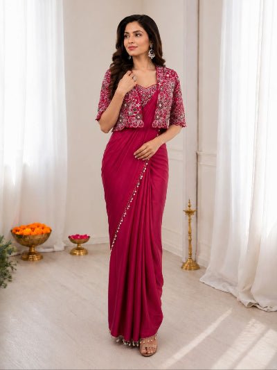 Pre-Draped Saree with Embroidered Jacket &amp; Blouse - BONYHUBSAREE