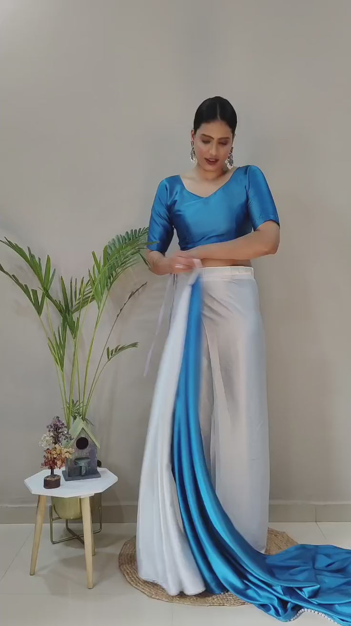 1 Min Blue & White Soft Satin Stitched Readymade Saree