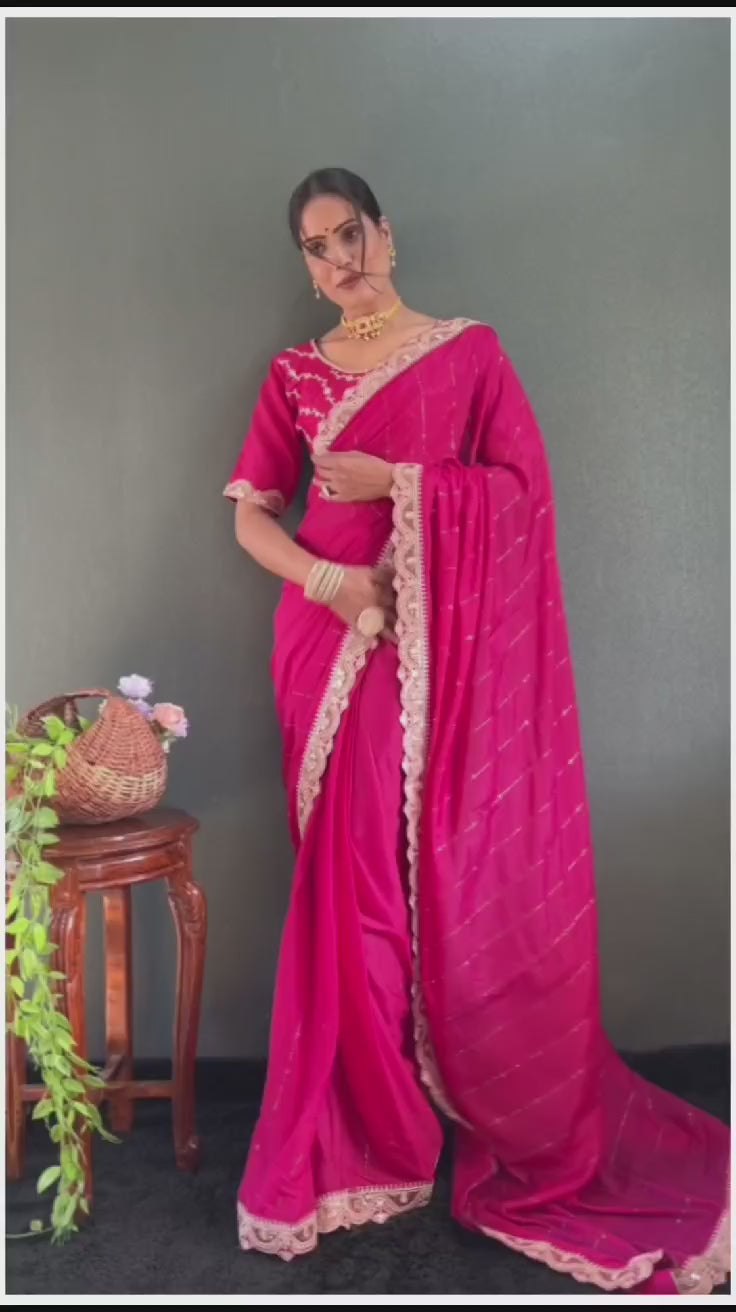 1 Min Rani Pink Georgette Lace Swarovski work Stitched Readymade Saree
